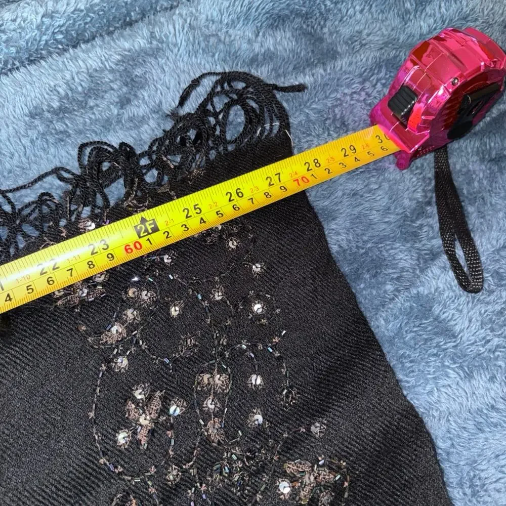 Vintage Kashmir Beaded Sequin Evening Shawl Wrap Scarf Black Fringe